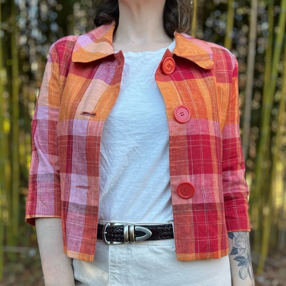 100% LINEN PLAID BLAZER - SILKLAND SIZE MEDIUM